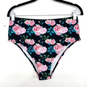 NWT Cupshe Black Pink Floral Swim Bikini Bottoms XL